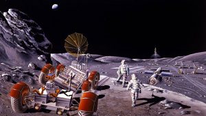 Diseño artístico de una base lunar y de la actividad fuera de la base. Se realizó en 1984 durante un Estudio de Verano de la NASA en el Instituto Espacial ...