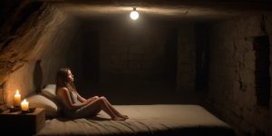 "Elisabeth Fritzl en el sombrío sótano donde pasó 24 años en cautiverio, atrapada en un espacio sin ventanas, con la única fuente de luz proveniente de una bombilla que colgaba del techo. Este lugar, oculto y asfixiante, fue el escenario de uno de los casos de abuso y secuestro más horrendos de la historia moderna."
