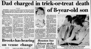 "Recorte de prensa de 1974 sobre el caso de Ronald Clark O'Bryan, conocido como el 'Candy Man,' acusado de asesinar a su hijo al darle dulces contaminados con cianuro en Halloween. El caso estremeció a la nación y cambió para siempre la percepción sobre la seguridad en las festividades."