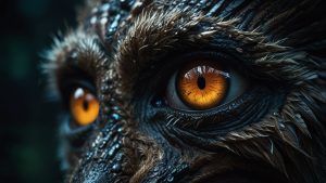 Primer plano de una representación artística de un Skinwalker, una criatura mítica de la mitología navaja, conocida por su capacidad para transformarse en cualquier ser y acechar en la oscuridad, desafiando los límites entre lo humano y lo animal.