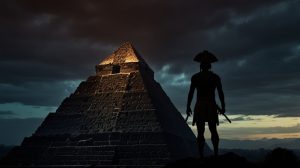 "Un sacerdote maya junto a una imponente pirámide, reflejo del vínculo sagrado con los dioses y el deseo de ofrecer sangre como ofrenda vital para mantener el equilibrio del universo."