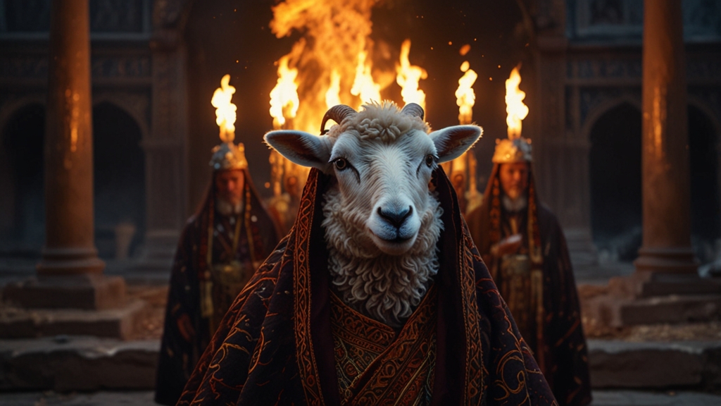 "Sacerdotes sumerios preparan cuidadosamente a una oveja para el sacrificio, en un ritual solemne destinado a honrar a los dioses y asegurar su protección sobre la ciudad, un acto sagrado que conectaba a la comunidad con lo divino en la antigua Mesopotamia."