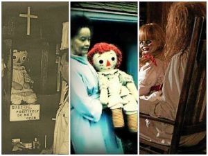 Anabelle en manos de Lorraine Warren – La famosa muñeca Raggedy Ann aparece sostenida por Lorraine Warren durante una charla sobre su historia real en Milford, CT. La imagen destaca la apariencia inocente y casera de Anabelle, muy distinta de la versión cinematográfica