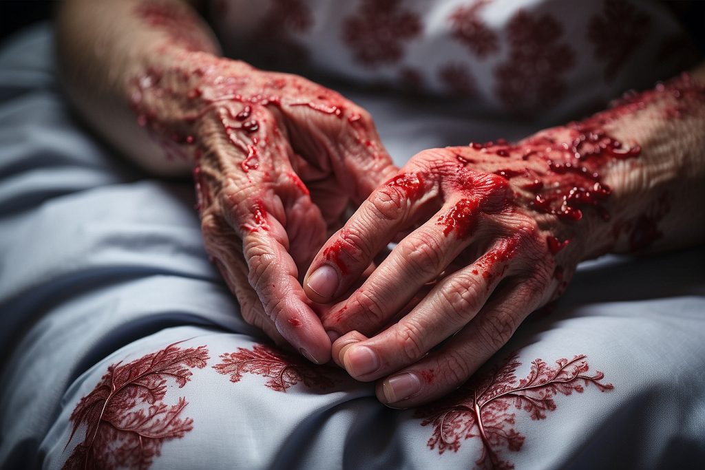 “Lesiones cutáneas y máculas en una mano tras la picadura de un vector; la sintomatología puede incluir artralgias intensas.”