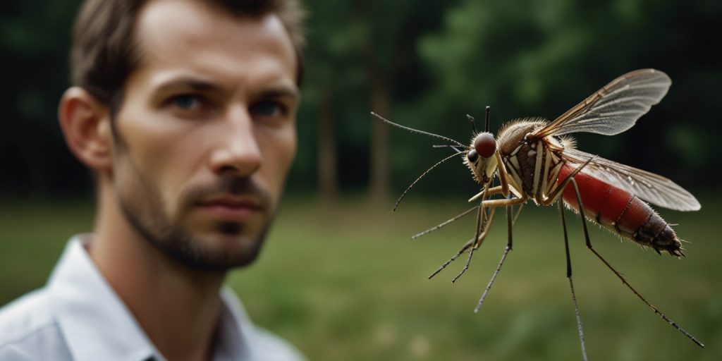 “Hombre en riesgo de picadura por Aedes, el mosquito vector responsable del brote de chikungunya en Guangdong.”