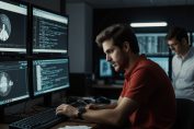 Equipo de verificación en acción: periodistas OSINT revisando metadatos y timestamps de un vídeo viral.