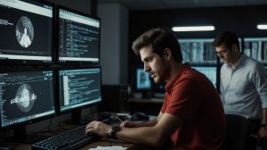 Equipo de verificación en acción: periodistas OSINT revisando metadatos y timestamps de un vídeo viral.
