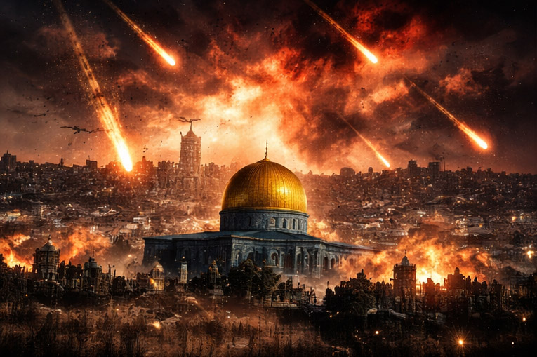 Una lluvia de fuego sobre una ciudad sagrada. Para muchos intérpretes de las antiguas profecías, Oriente Medio sigue siendo el escenario donde podrían desarrollarse los acontecimientos descritos en el Apocalipsis (San Juan).