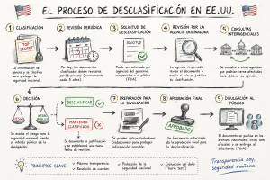Proceso ilustrativo de desclasificación de información en Estados Unidos. El esquema muestra, de forma simplificada, las principales etapas que puede seguir un documento clasificado: revisión, solicitud de acceso, evaluación por las agencias competentes, análisis del posible daño a la seguridad nacional, decisión de desclasificar o mantener la clasificación, aplicación de tachaduras y, finalmente, divulgación pública total o parcial.