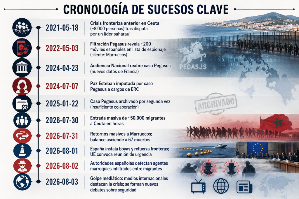 Cronología de sucesos clave: una línea temporal que recoge los principales acontecimientos relacionados con la crisis fronteriza de Ceuta, el caso Pegasus, las relaciones entre España y Marruecos y los debates sobre seguridad y control fronterizo entre 2021 y 2026.