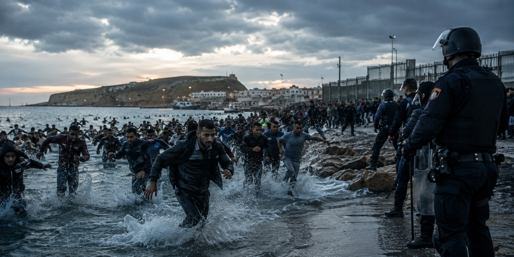 Crisis fronteriza en Ceuta: una imagen recrea de forma simbólica la tensión en la frontera entre España y Marruecos, con la llegada masiva de personas y el dispositivo de vigilancia y control fronterizo.