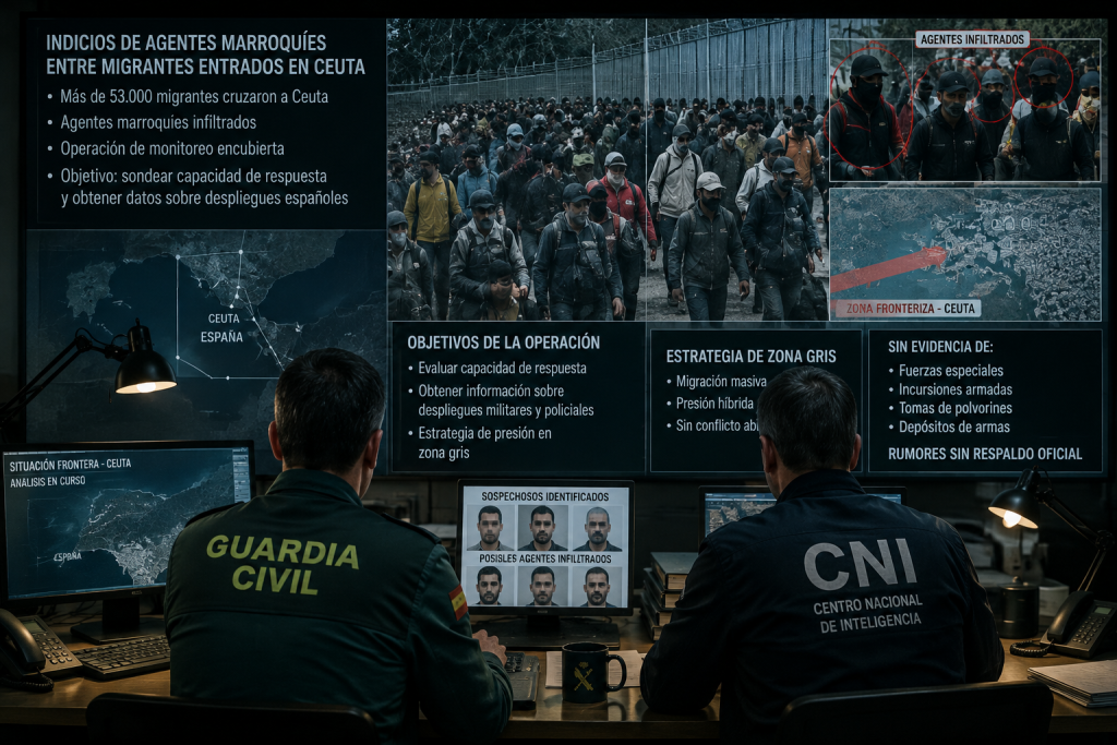 fuentes de la Guardia Civil española y del CNI (servicios de inteligencia) brindan otra versión: encontraron indicios de que hubo agentes marroquíes entre la marea humana. Según reportes confidenciales, “elementos de los servicios de inteligencia de Rabat” se infiltraron entre los más de 53.000 migrantes que cruzaron hacia Ceuta. Este hallazgo fue interpretado como una operación de monitoreo encubierta: los analistas observan que no se trató de un episodio aislado