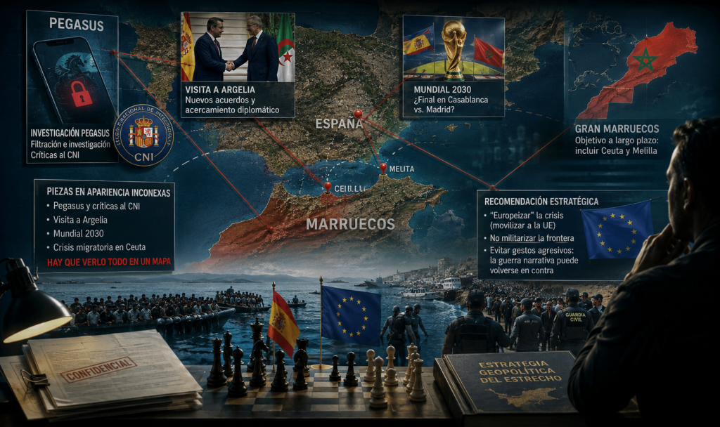 Geopolítica en el Estrecho: un mapa simbólico reúne las principales piezas de la tensión entre España y Marruecos —Ceuta y Melilla, Pegasus, Argelia, el Mundial de 2030 y la estrategia europea— dentro de un escenario de competencia geopolítica y guerra narrativa.